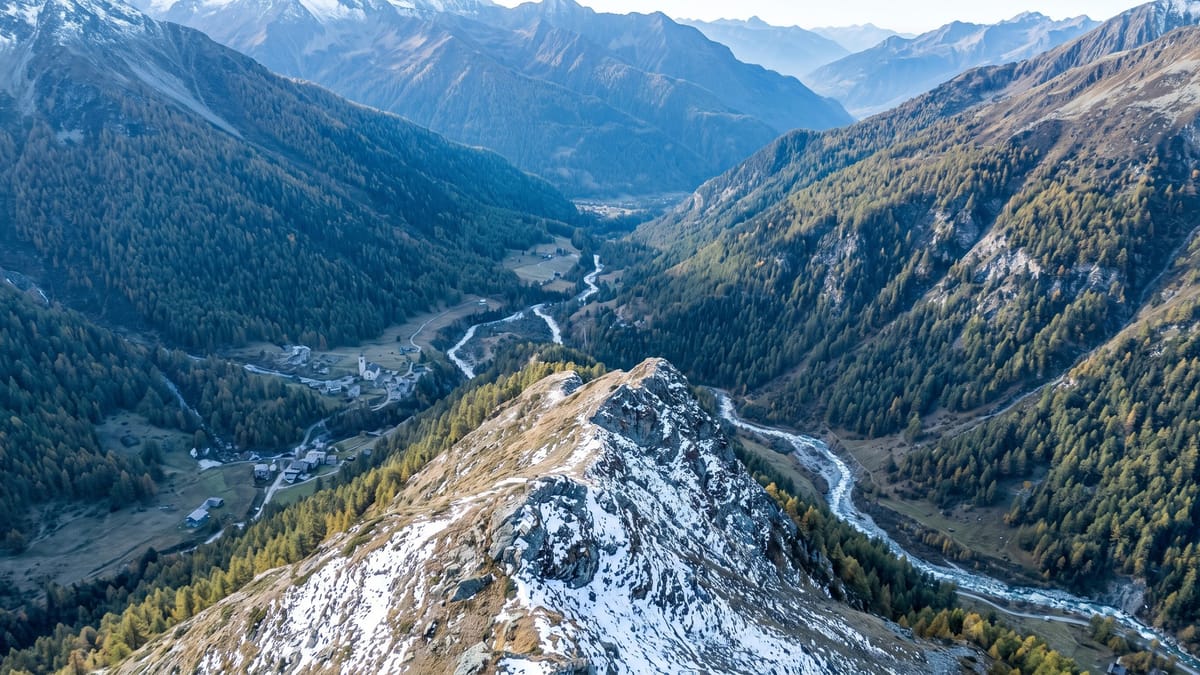 Veduta aerea di una valle alpina italiana con cresta rocciosa, boschi di larice e torrente sul fondovalle